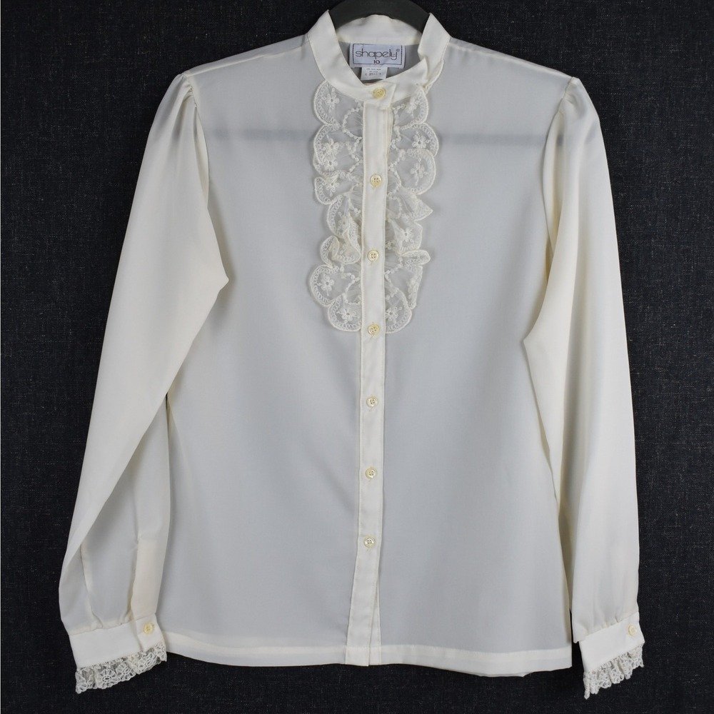 Vintage Lace Trimmed Blouse Button Up Cream Sheer Victorian Regency Womens M Top